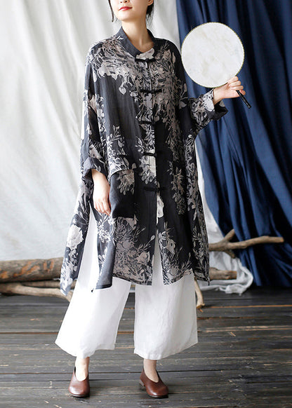 Black Oversized Print Linen Oriental Cardigan Spring Tm008