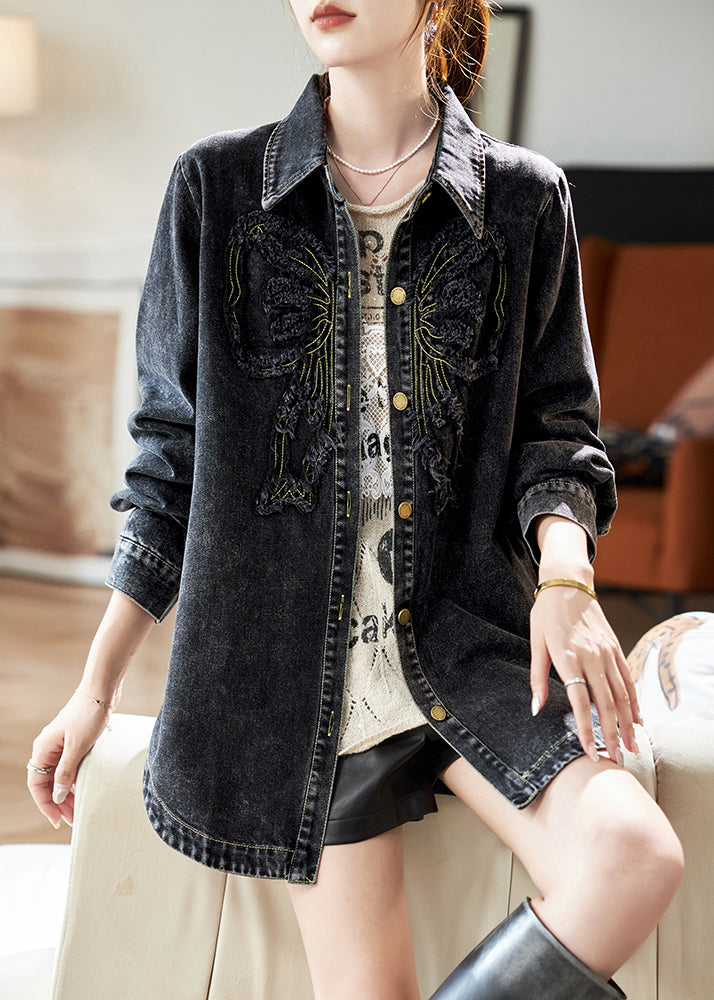 Spring Peter Denim Black Collar Pan Button Patchwork Coats