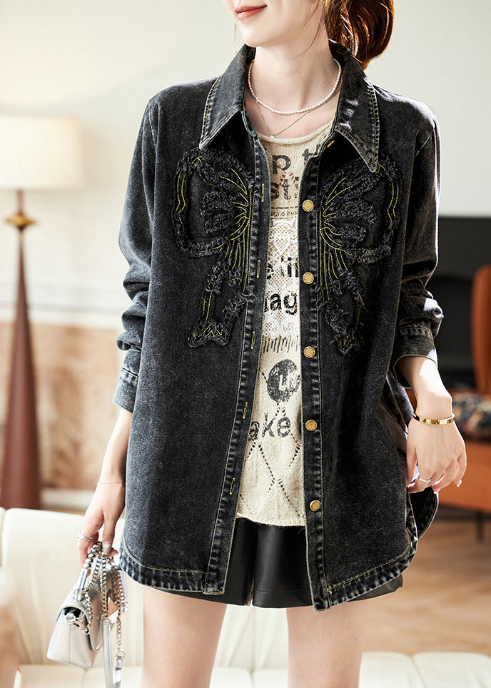 Spring Peter Denim Black Collar Pan Button Patchwork Coats