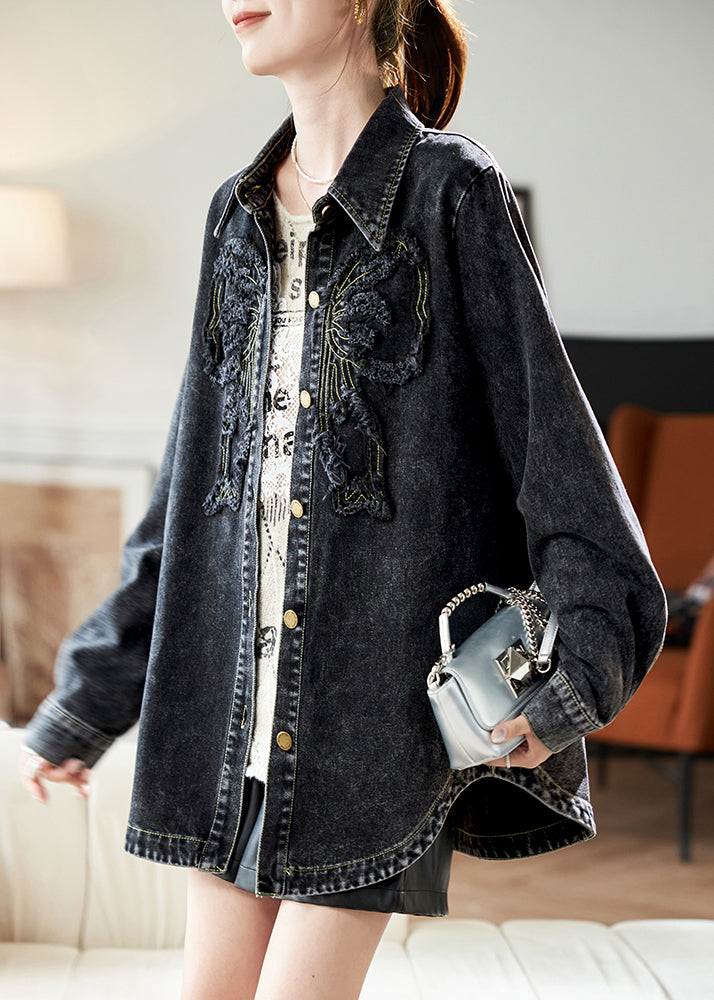 Spring Peter Denim Black Collar Pan Button Patchwork Coats