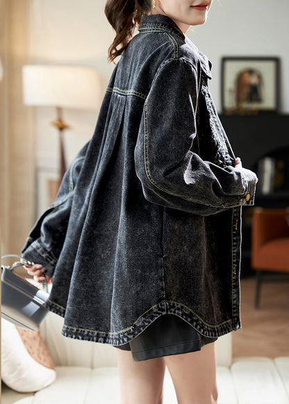 Spring Peter Denim Black Collar Pan Button Patchwork Coats