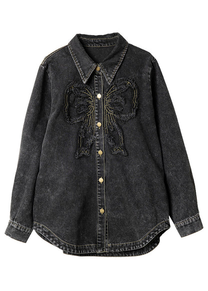 Spring Peter Denim Black Collar Pan Button Patchwork Coats