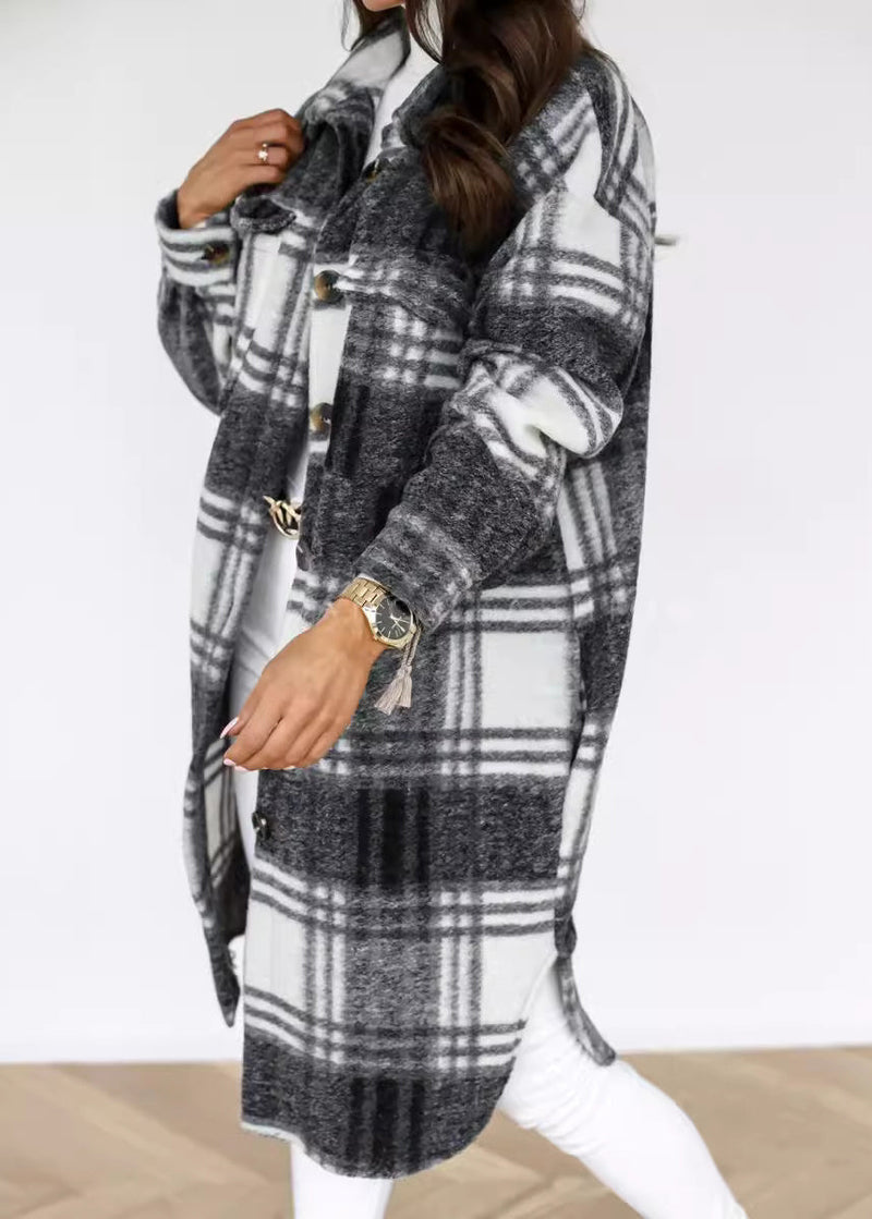 Pan Collar Shirts Coat Spring Plaid Woolen Peter Black