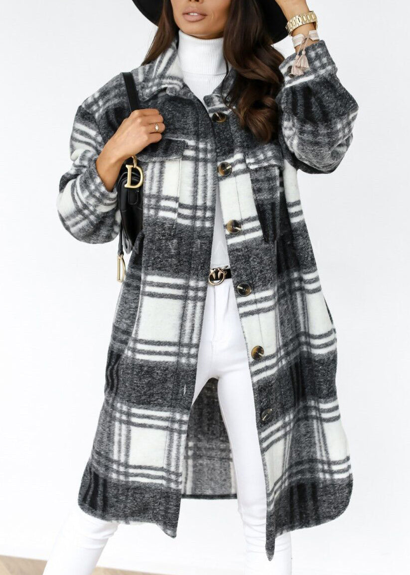 Pan Collar Shirts Coat Spring Plaid Woolen Peter Black
