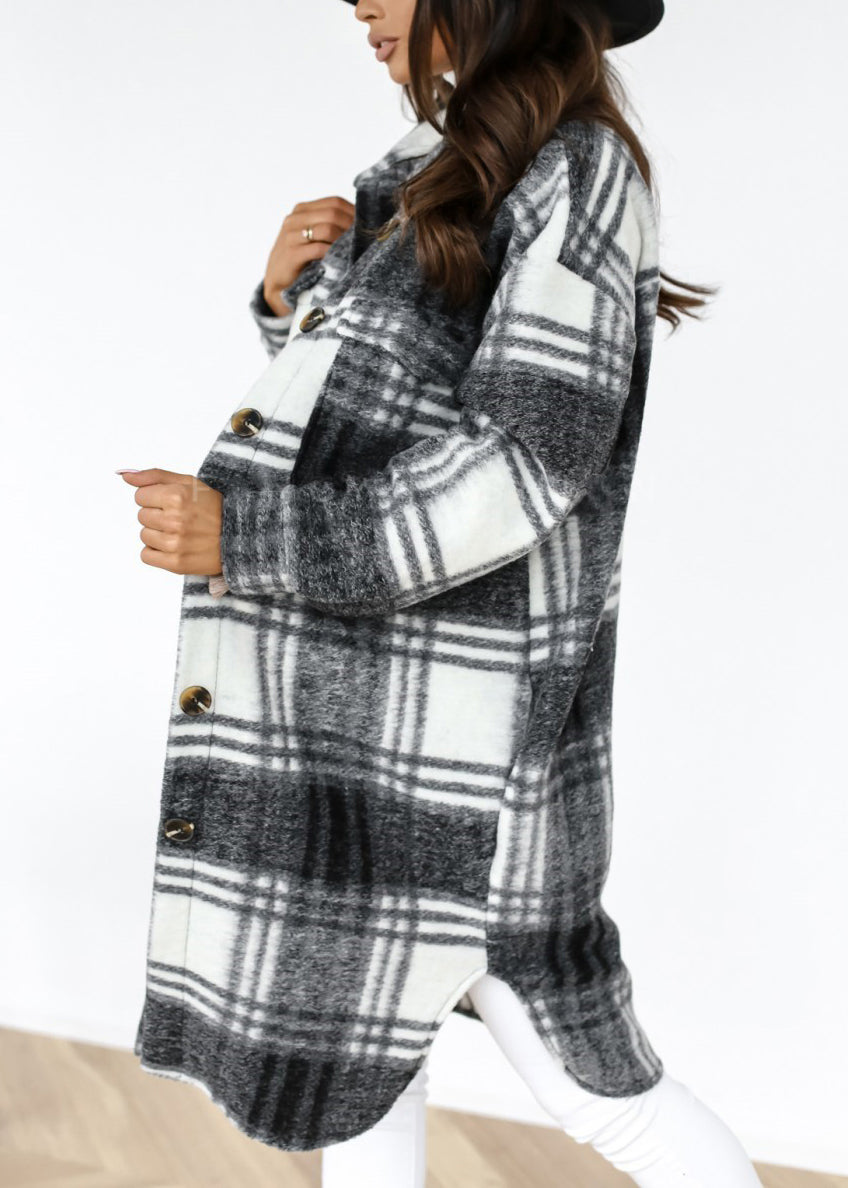 Pan Collar Shirts Coat Spring Plaid Woolen Peter Black