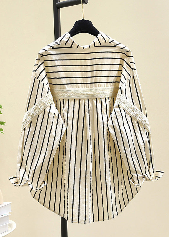 Black Peter Pan Collar Striped Cotton Blouse Top Fall Rf011