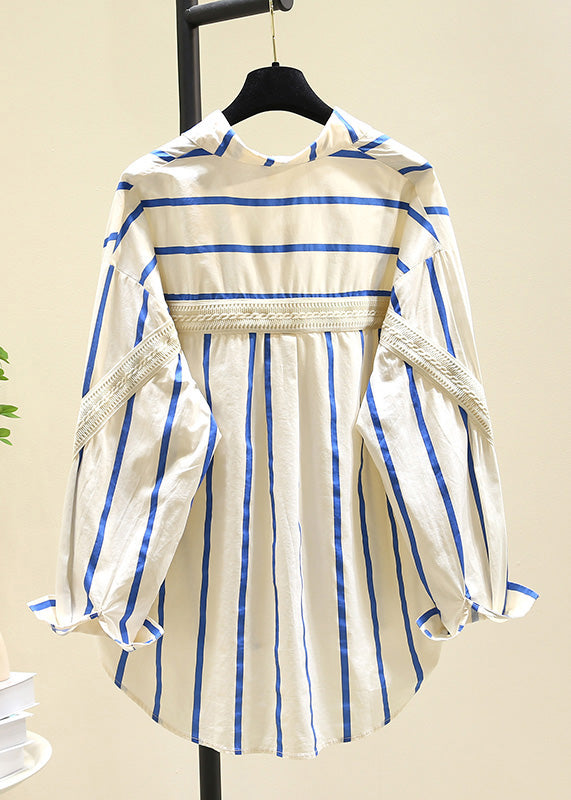 Black Peter Pan Collar Striped Cotton Blouse Top Fall Rf011