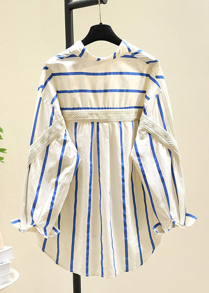 Black Peter Pan Collar Striped Cotton Blouse Top Fall Rf011