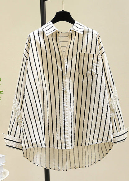 Black Peter Pan Collar Striped Cotton Blouse Top Fall Rf011