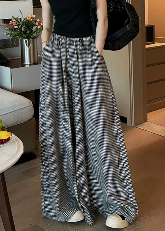 Black Plaid Pockets Elastic Waist Wide Leg Pants Vb1045