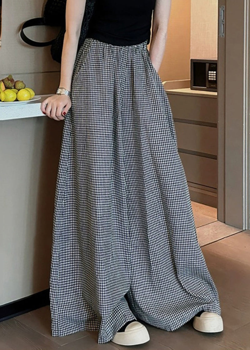 Black Plaid Pockets Elastic Waist Wide Leg Pants Vb1045