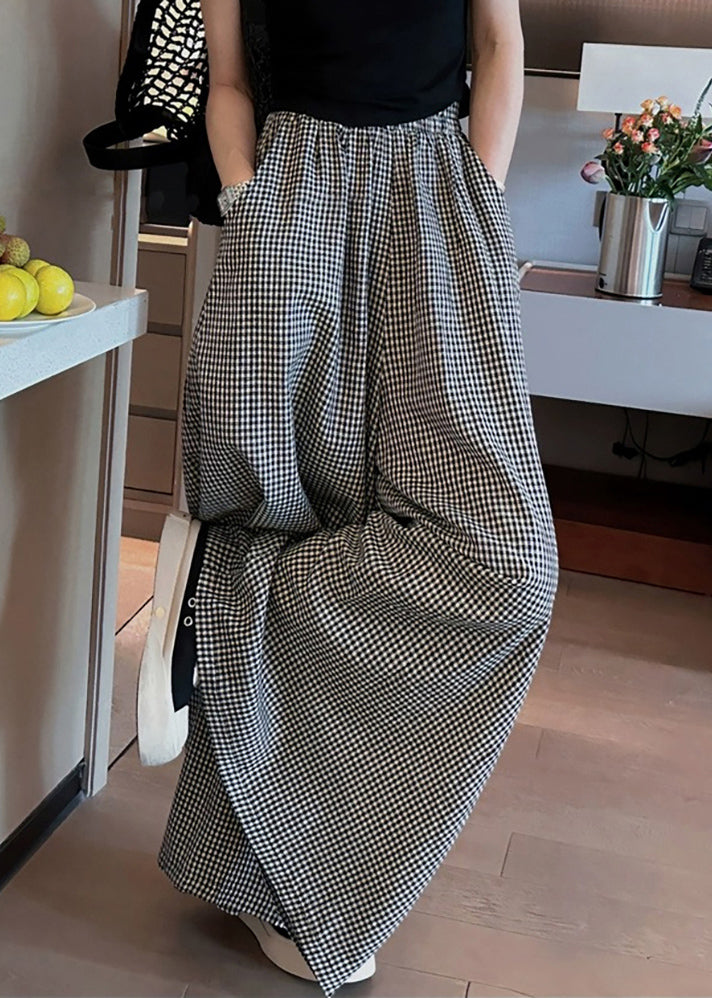 Black Plaid Pockets Elastic Waist Wide Leg Pants Vb1045
