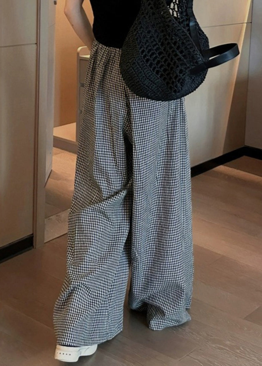 Black Plaid Pockets Elastic Waist Wide Leg Pants Vb1045