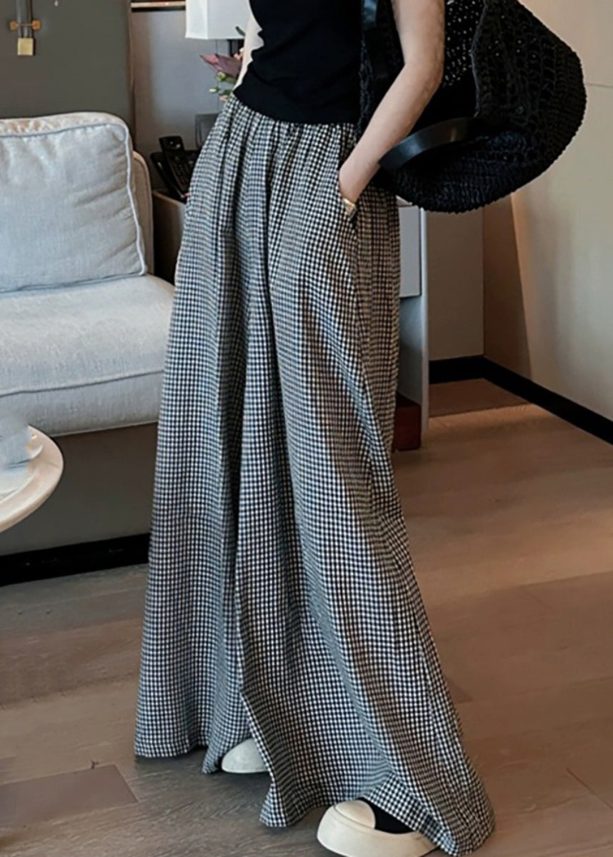 Black Plaid Pockets Elastic Waist Wide Leg Pants Vb1045