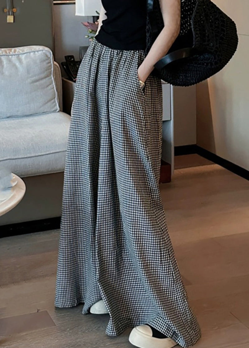 Black Plaid Pockets Elastic Waist Wide Leg Pants Vb1045