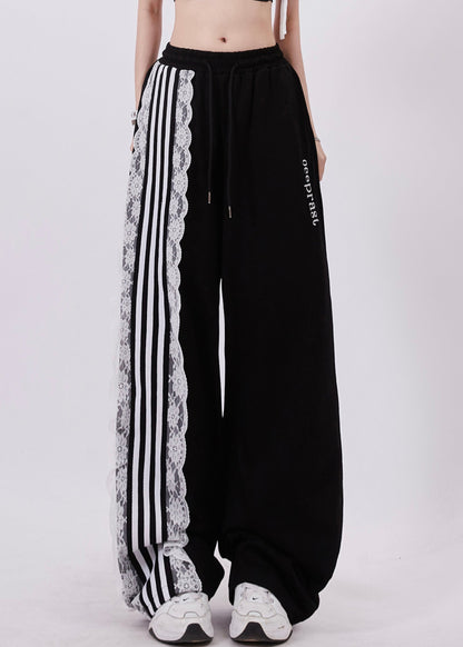 Black Pockets High Waist Lace Up Patchwork Pants Summer Zl053