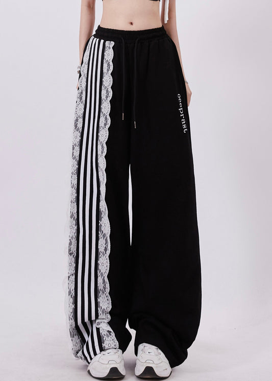 Black Pockets High Waist Lace Up Patchwork Pants Summer Zl053