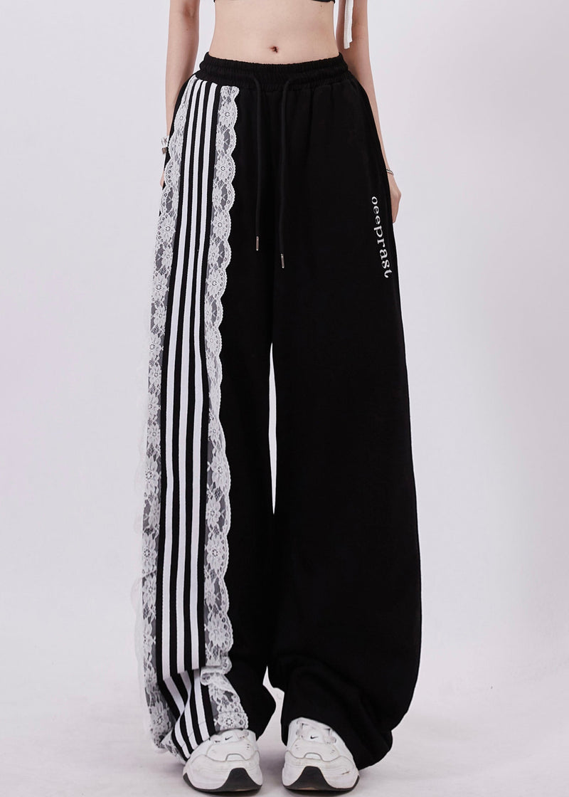 Black Pockets High Waist Lace Up Patchwork Pants Summer Zl053