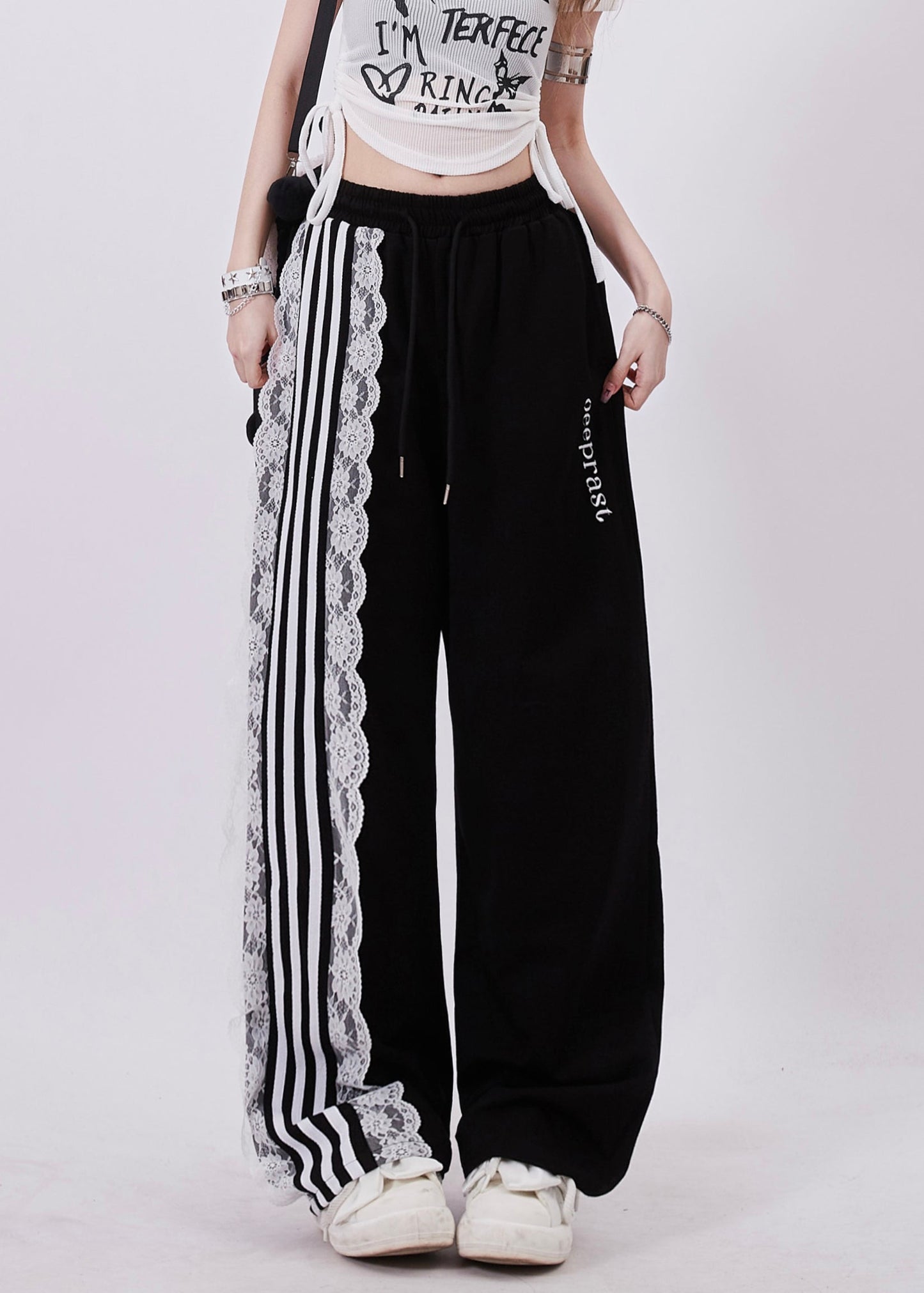 Black Pockets High Waist Lace Up Patchwork Pants Summer Zl053
