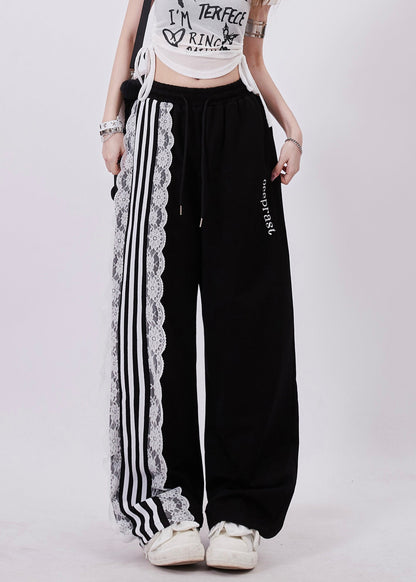 Black Pockets High Waist Lace Up Patchwork Pants Summer Zl053