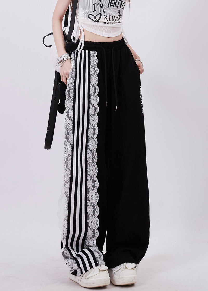 Black Pockets High Waist Lace Up Patchwork Pants Summer Zl053