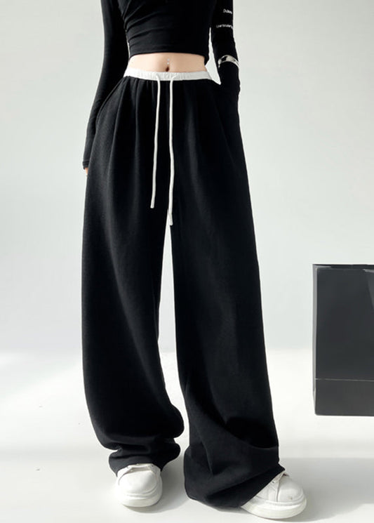 Black Pockets Tie Waist Wide Leg Pants Spring Ta043