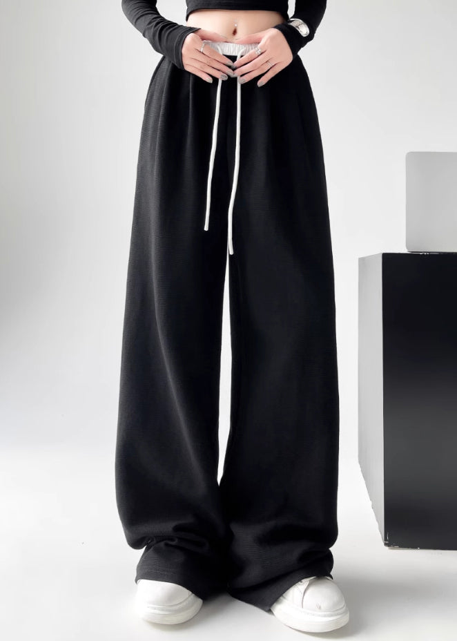 Black Pockets Tie Waist Wide Leg Pants Spring Ta043
