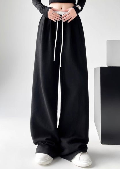 Black Pockets Tie Waist Wide Leg Pants Spring Ta043