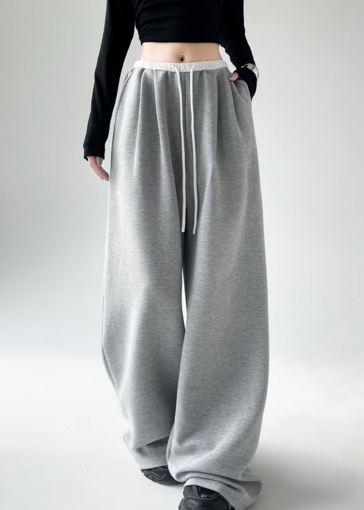 Black Pockets Tie Waist Wide Leg Pants Spring Ta043