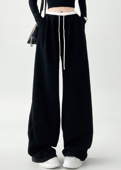 Black Pockets Tie Waist Wide Leg Pants Spring Ta043
