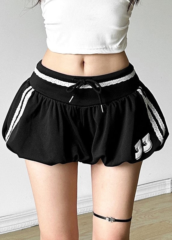 Waist Shorts Striped Cotton Summer Elastic Black
