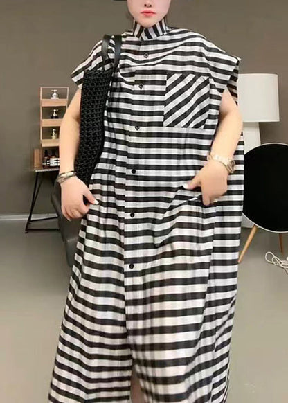 Black Striped Stand Collar Button Maxi Dress Short Sleeve Tr017
