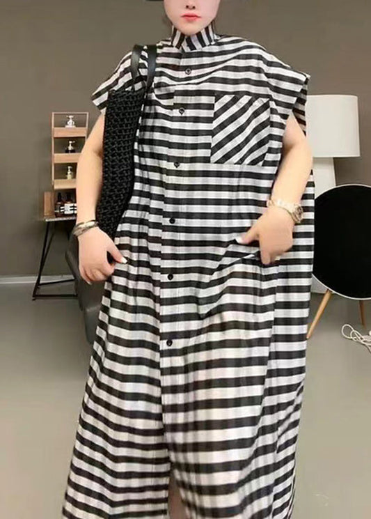 Black Striped Stand Collar Button Maxi Dress Short Sleeve Tr017