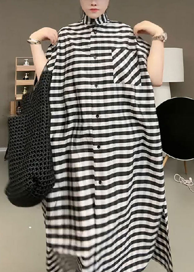 Black Striped Stand Collar Button Maxi Dress Short Sleeve Tr017