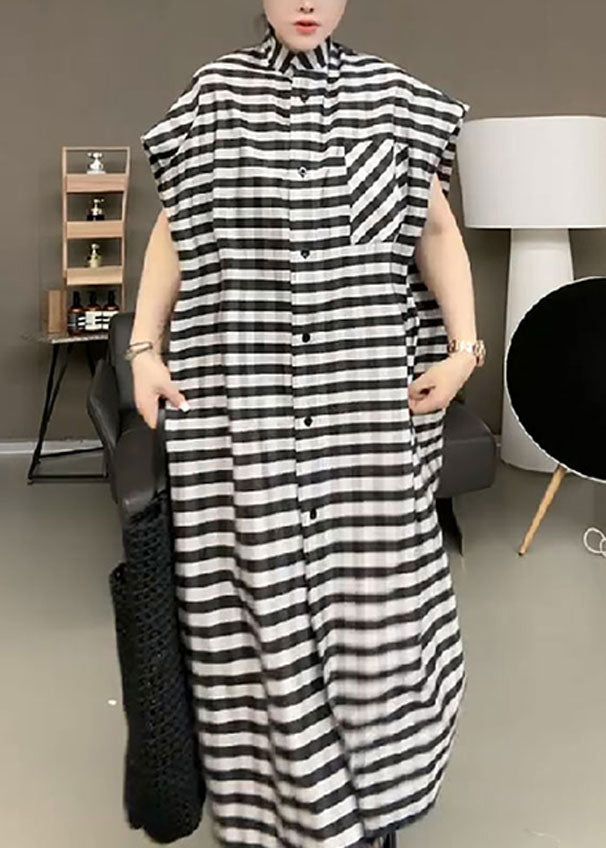 Black Striped Stand Collar Button Maxi Dress Short Sleeve Tr017