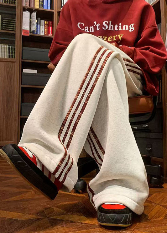 Black Striped Warm Fleece Pants Elastic Waist Spring Rm051