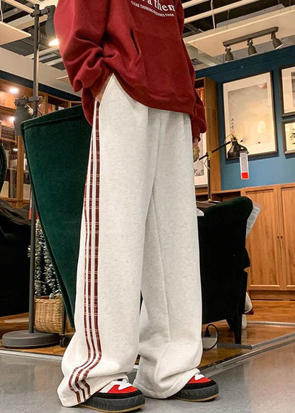 Black Striped Warm Fleece Pants Elastic Waist Spring Rm051