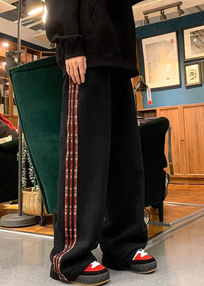 Black Striped Warm Fleece Pants Elastic Waist Spring Rm051