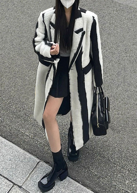 Black White Striped Notched Button Woolen Maxi Coats Winter Rp001
