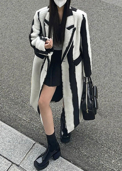 Black White Striped Notched Button Woolen Maxi Coats Winter Rp001