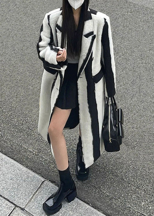 Black White Striped Notched Button Woolen Maxi Coats Winter Rp001