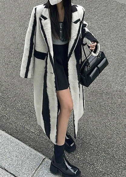Black White Striped Notched Button Woolen Maxi Coats Winter Rp001