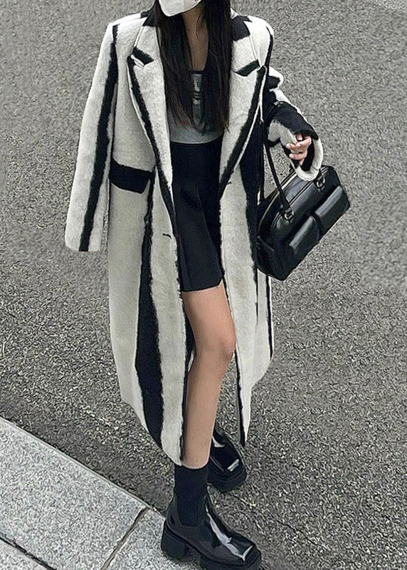 Black White Striped Notched Button Woolen Maxi Coats Winter Rp001
