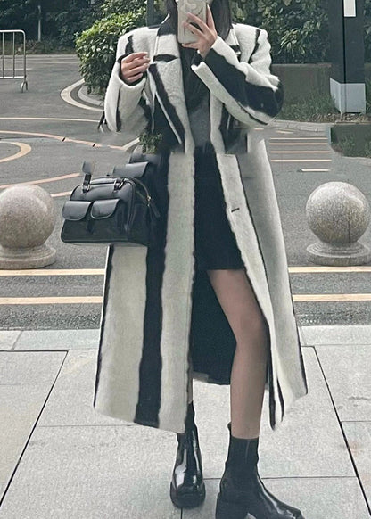 Black White Striped Notched Button Woolen Maxi Coats Winter Rp001