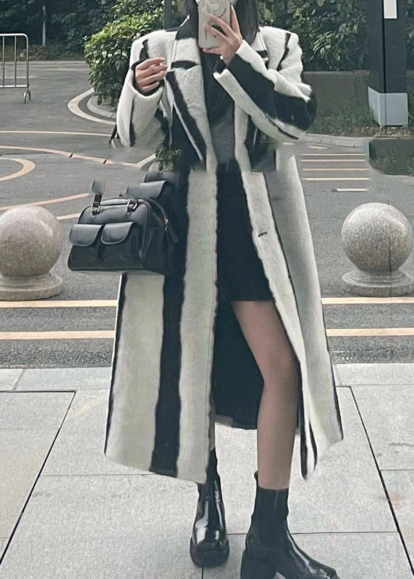 Black White Striped Notched Button Woolen Maxi Coats Winter Rp001