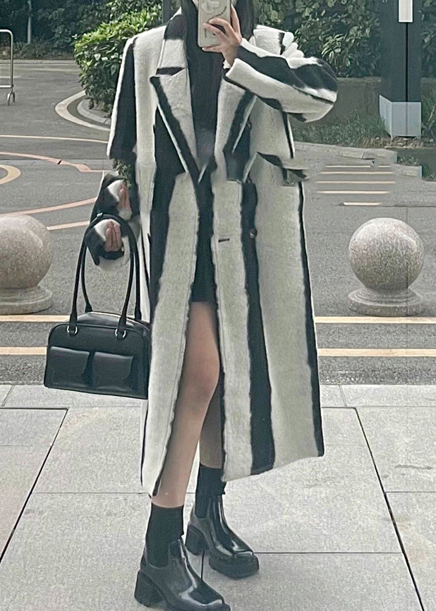 Black White Striped Notched Button Woolen Maxi Coats Winter Rp001