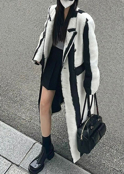 Black White Striped Notched Button Woolen Maxi Coats Winter Rp001