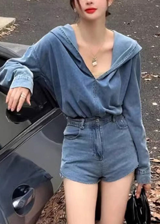 Blue Denim Hooded Top and Shorts Two Pieces Set Spring Rp007