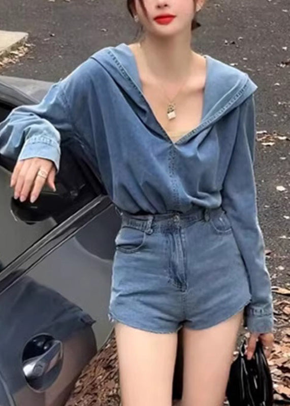 Blue Denim Hooded Top and Shorts Two Pieces Set Spring Rp007