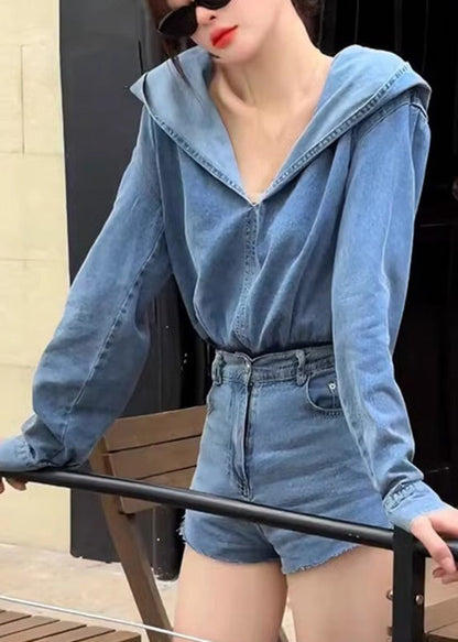 Blue Denim Hooded Top and Shorts Two Pieces Set Spring Rp007